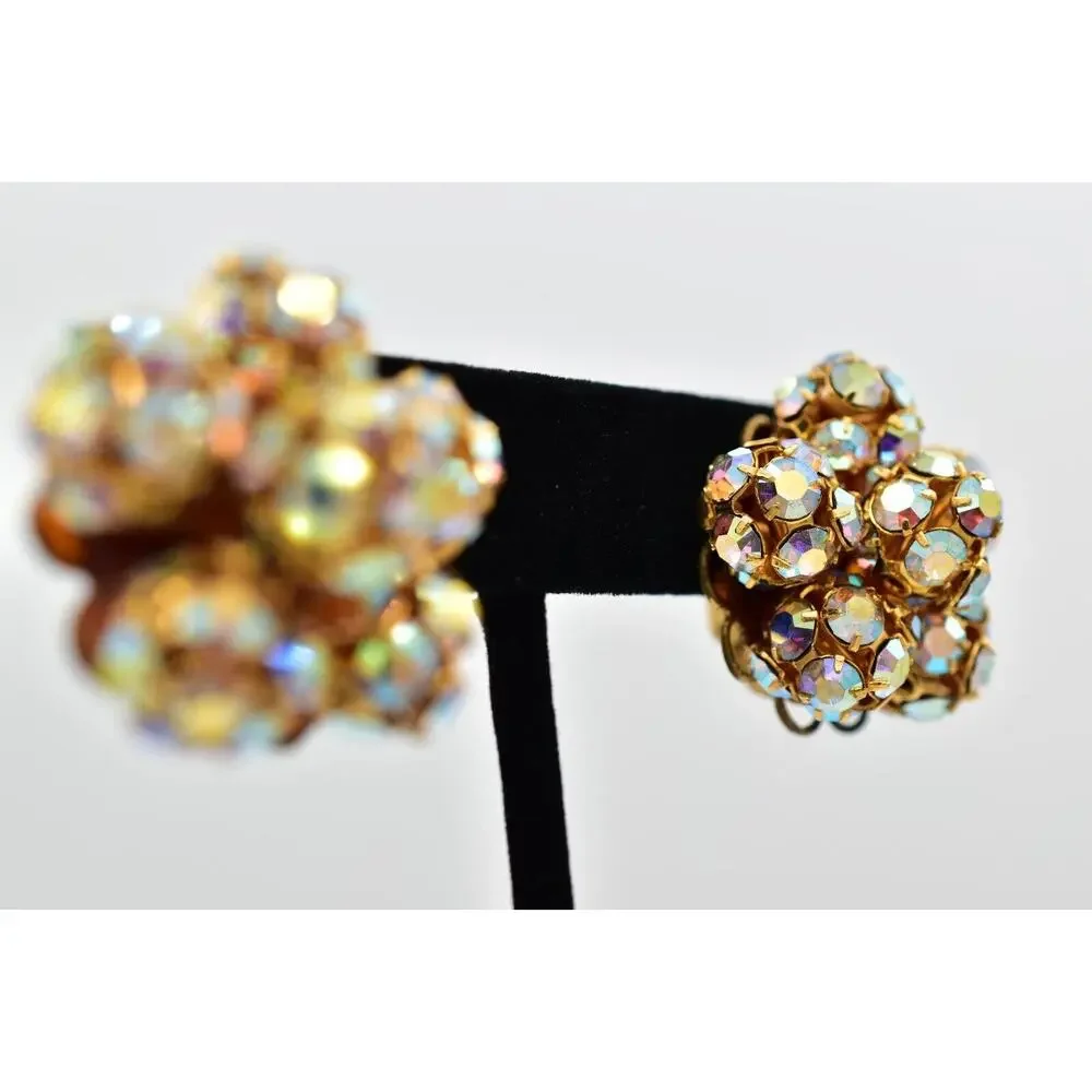 Vintage Crystal Clip On Earrings Aurora Borealis Prong Ball Flower 1950s BinBK
